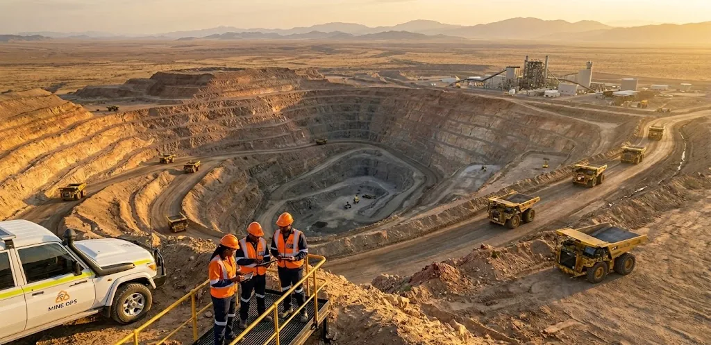 Mine operations team reviewing data above a working open pit at sunset